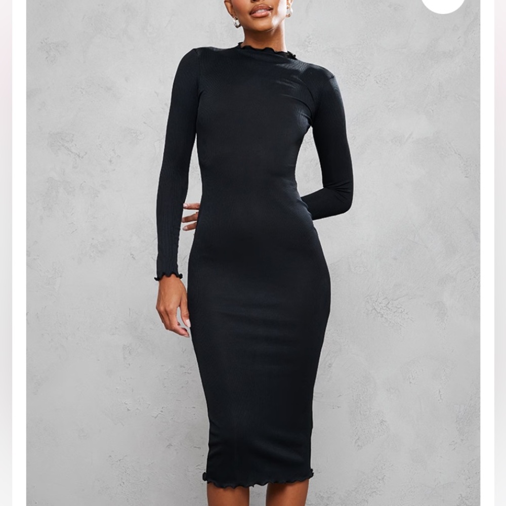 PLT Black Rib Lettuce Hem Long Sleeve Midaxi Dress size 12 NEW with tag sexy